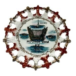 Vintage 8" HOOVER DAM Reticulated Ceramic Souvenir Plate Burgandy with Gold Trim